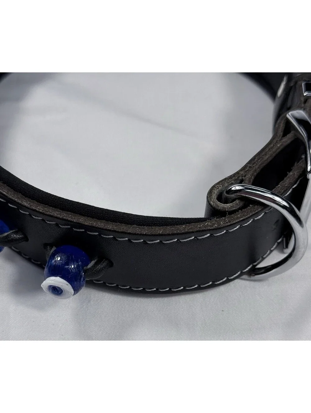 Leather Dog Collar Top Quality Padded Neck W/ Blue White Round Beaded Look